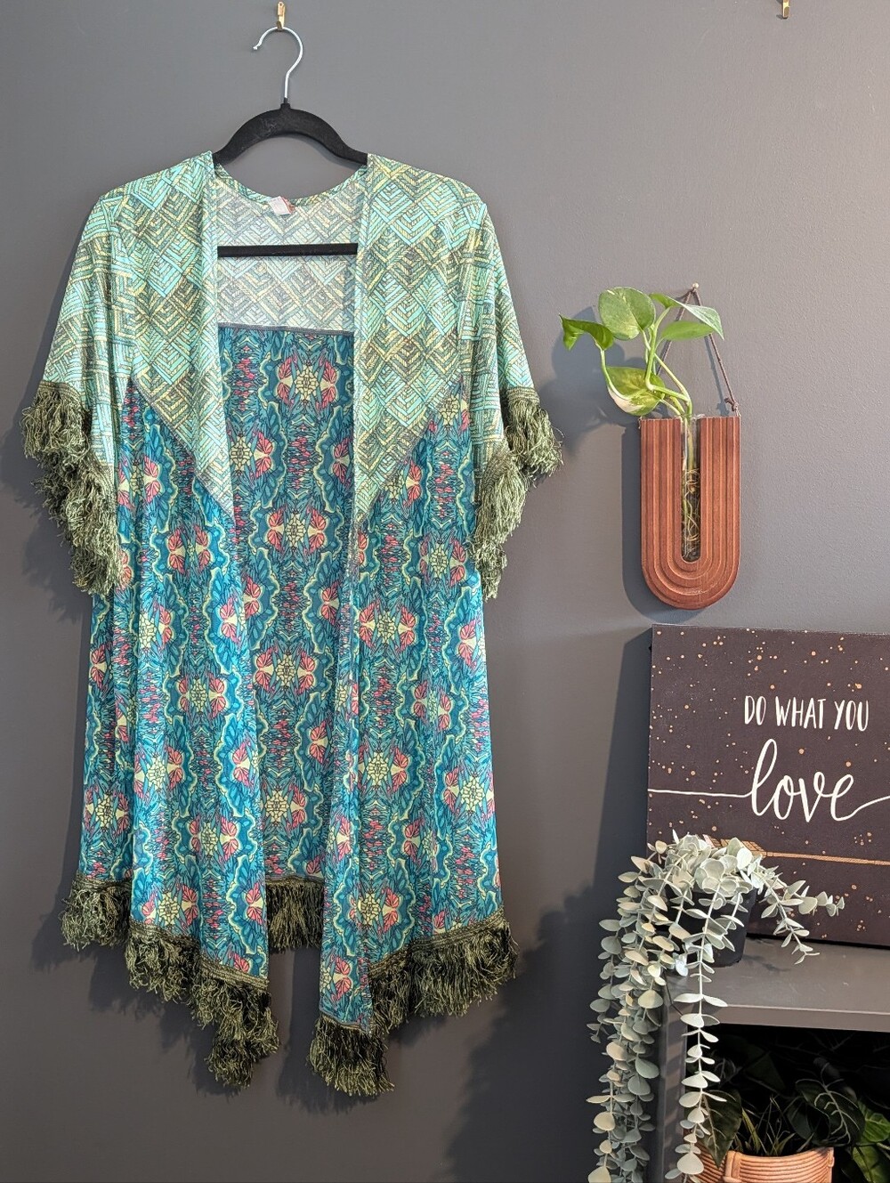 Maaji Swim Coverup Teal and Olive Boho Fringe Kimono